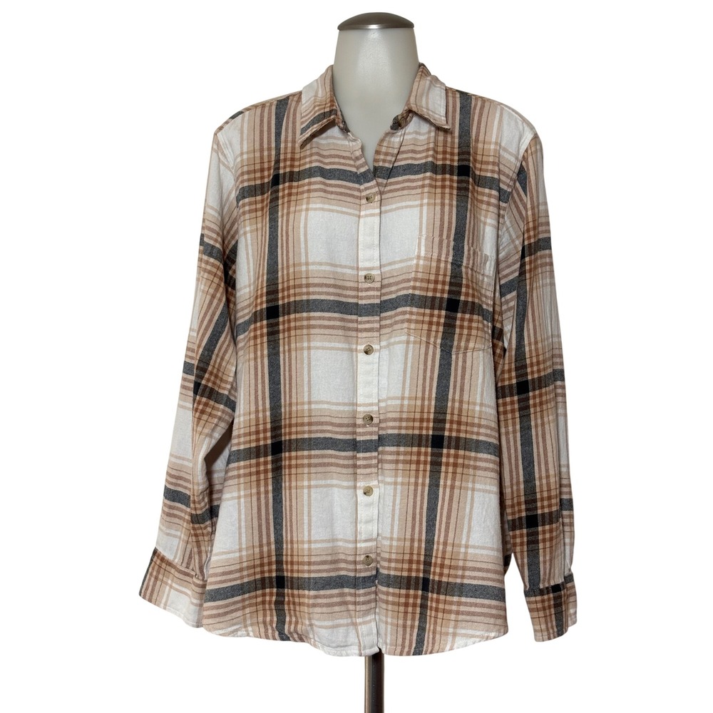 Old Navy Plaid Button Shirt Women XXL Tan White Black long  Sleeve Cotton EUC